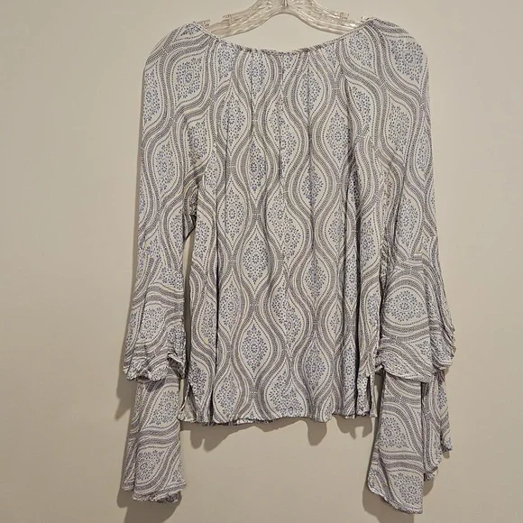 LOVESTITCH Blue white graphics tassel drawstring neckline Tiered Bell Sleeves Md - Picture 6 of 8